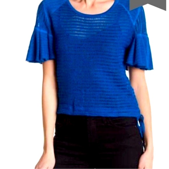 Free People Blue Knit Ruffle Short Sleeve Shirt XS NWOT - Picture 2 of 9